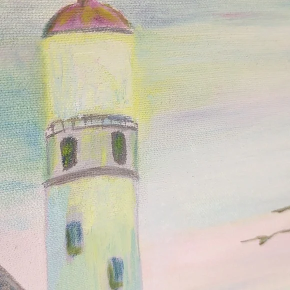 Vintage Storybook Lighthouse Cottage Painting Framed Coastal Wall Art